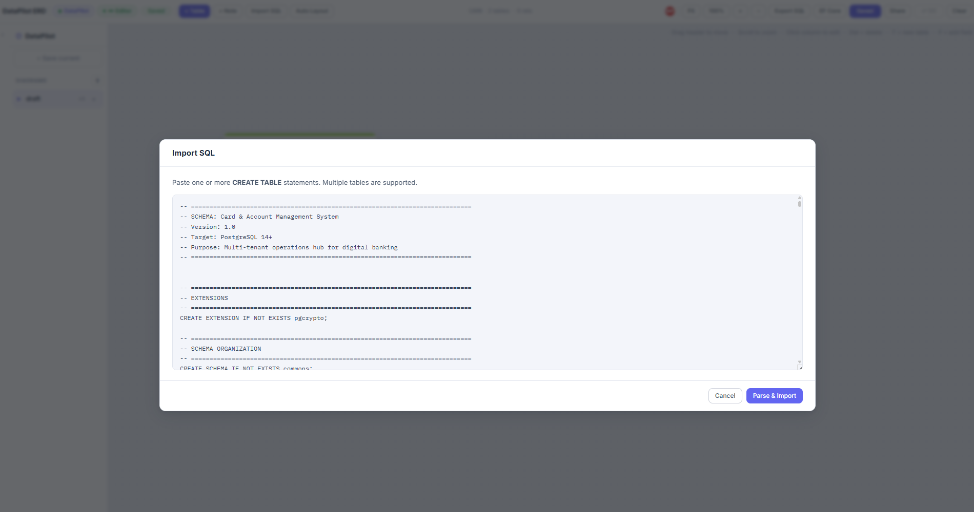 Generated schema view reconstructed from SQL import